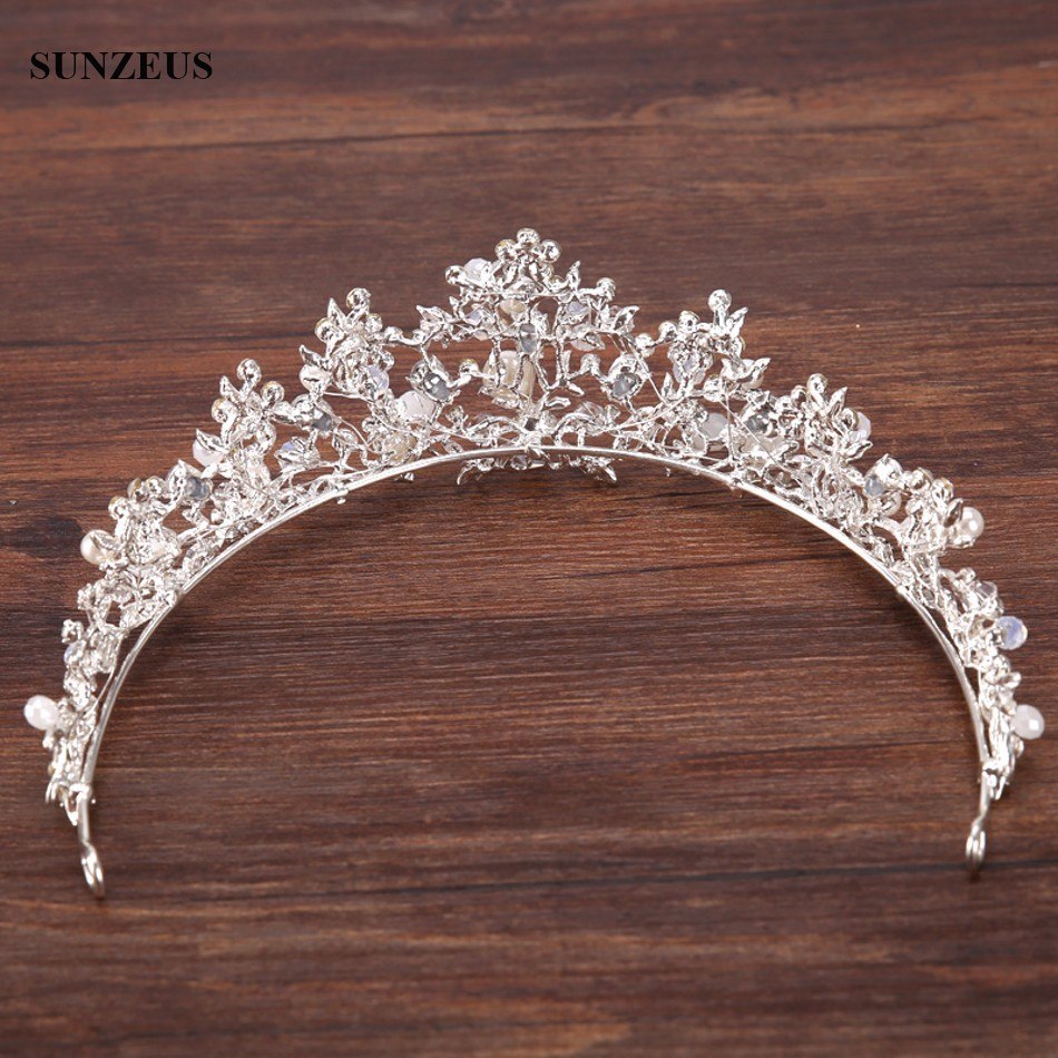 Silver Crystal Bridal Tiara With Pearls Headband Wedding Crown For Brides Marriage Accessories