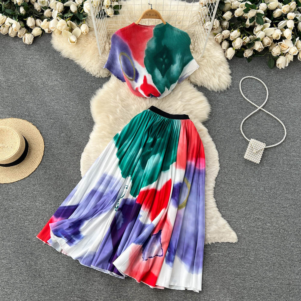 Tie Die Print Fashion Two Pieces Suits O Neck Short T Shirt+Hight Waist Pleated Skirt Women Streetwear Set