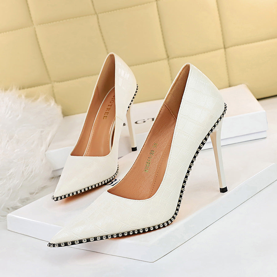 Vintage Stone Pattern High Heels Stiletto Shallow Mouth Pointed Metal Beads Rivets Women's Shoes