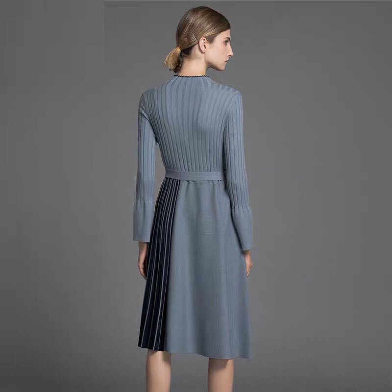 Elegant Lady Midi Dress Patchwork Striped Blue Flare Long Sleeve