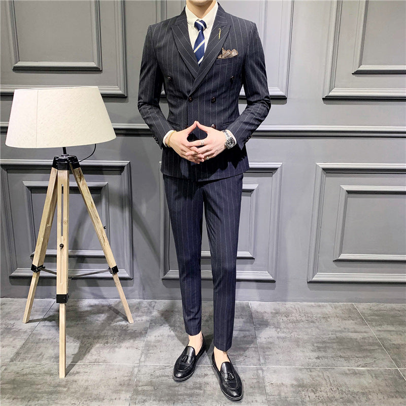 Suit set men's slim three-piece trend striped