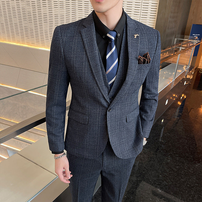 new men's plaid suit business casual banquet dress suit three-piece suit